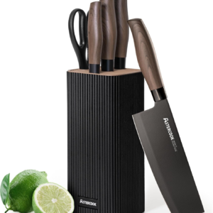 astercook knife set, 6 piece kitchen knife set with block, high carbon stainless steel ultra sharp kitchen knives, wood grain handle, dishwasher safe knife block set, black, kitchen utility knives