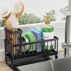 cisily sponge holder for kitchen sink, sink caddy organizer with high brush holder, kitchen countertop organizers and storage essentials, rustproof 304 stainless steel (black, 9.25″)